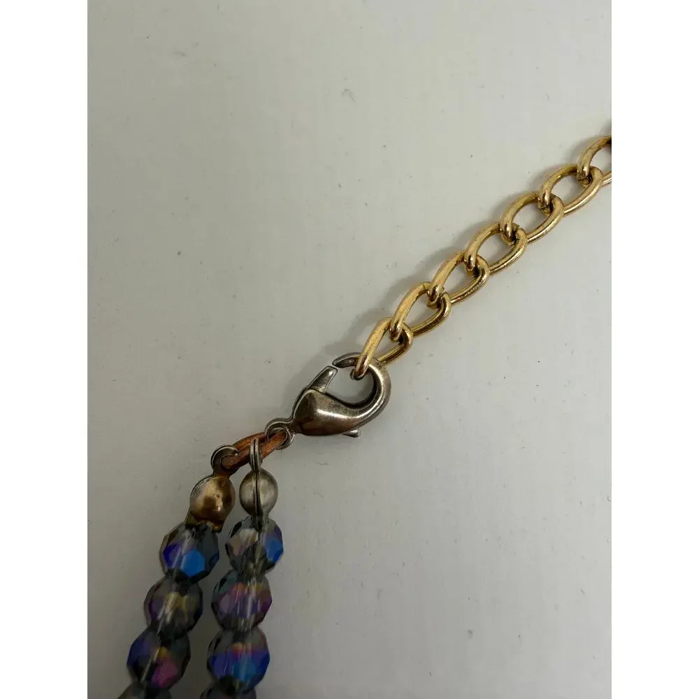 Purple Iridescent Statement Necklace Gold Tone Double Strand Faceted Glass Beads